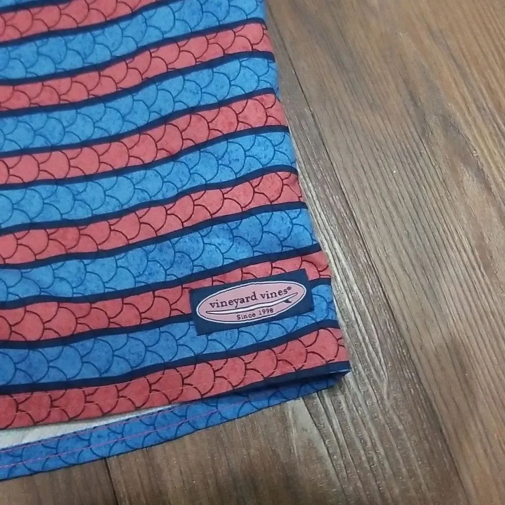 Vineyard Vibes Red Blue Fish Scales Striped Swim Board Shorts Size 42